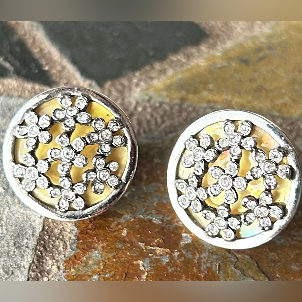 Monet Daisy Diamond Clip Earrings with Pale Yellow Shell Round Costume Jewelry